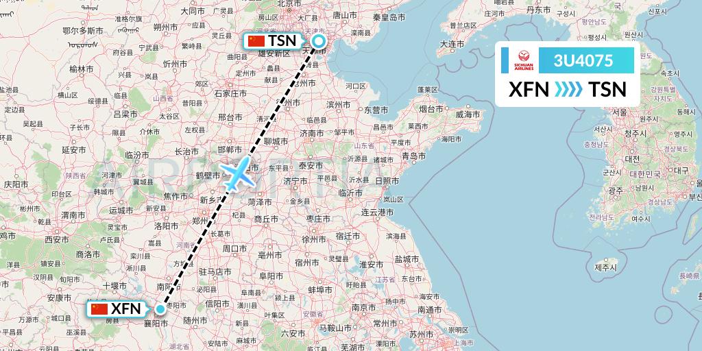 3U4075 Sichuan Airlines Flight Map: Xiangyang to Tianjin