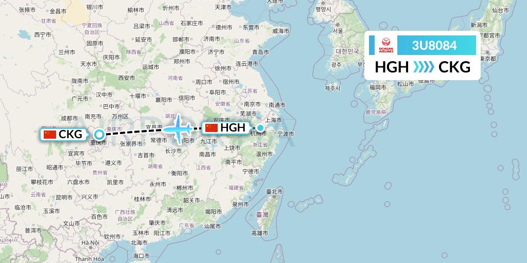3U8084 Sichuan Airlines Flight Map: Hangzhou to Chongqing