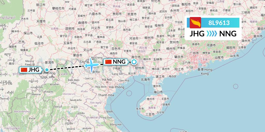 8L9613 Lucky Air Flight Map: Jinghong to Nanning
