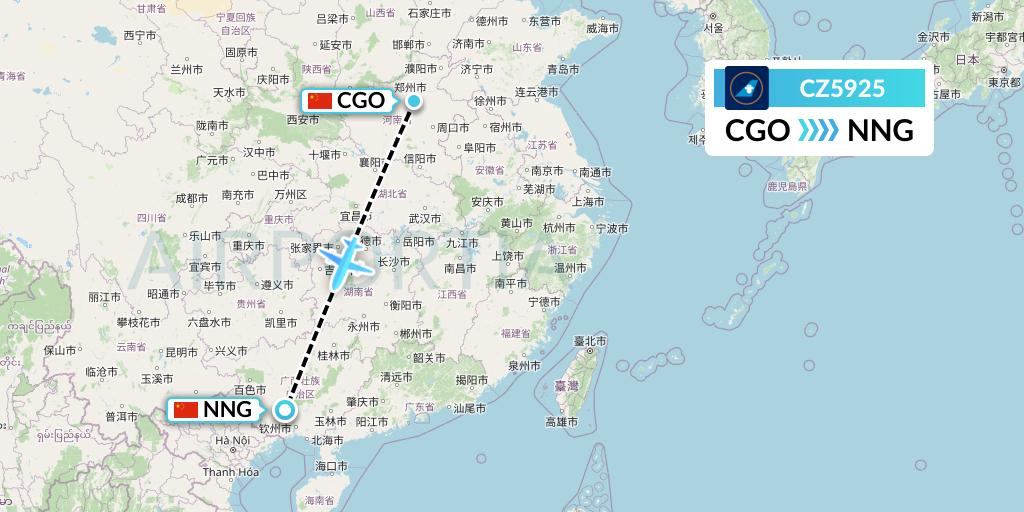CZ5925 China Southern Airlines Flight Map: Zhengzhou to Nanning