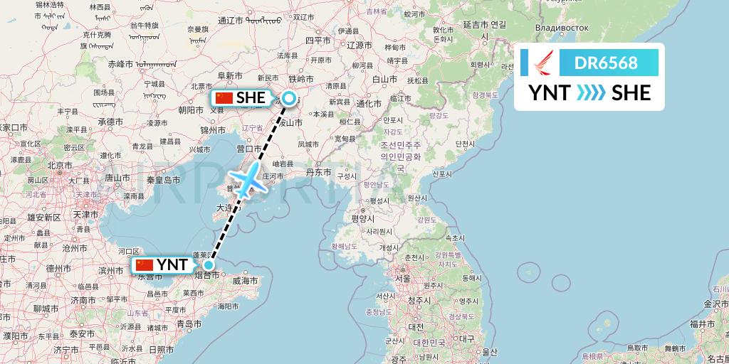 DR6568 Ruili Airlines Flight Map: Yantai to Shenyang