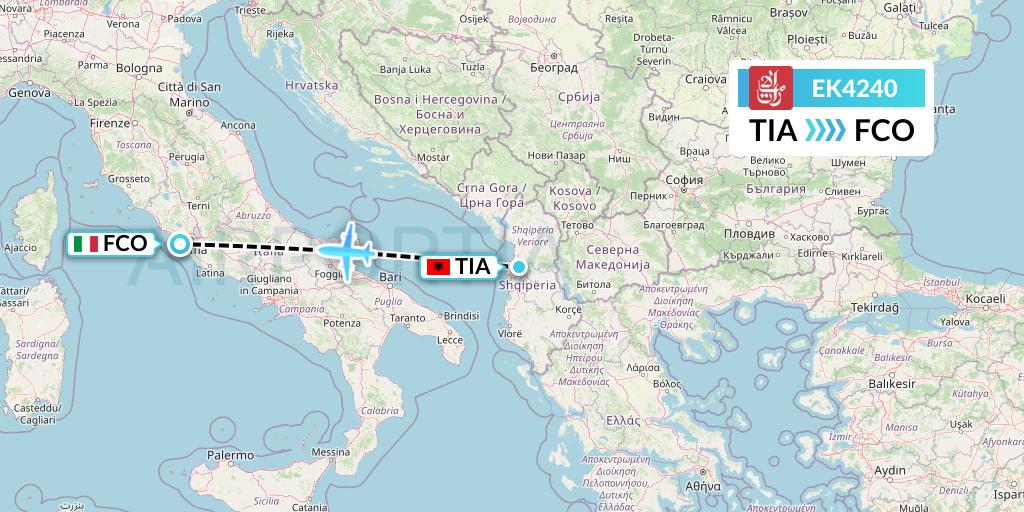 EK4240 Emirates Flight Map: Tirana to Rome
