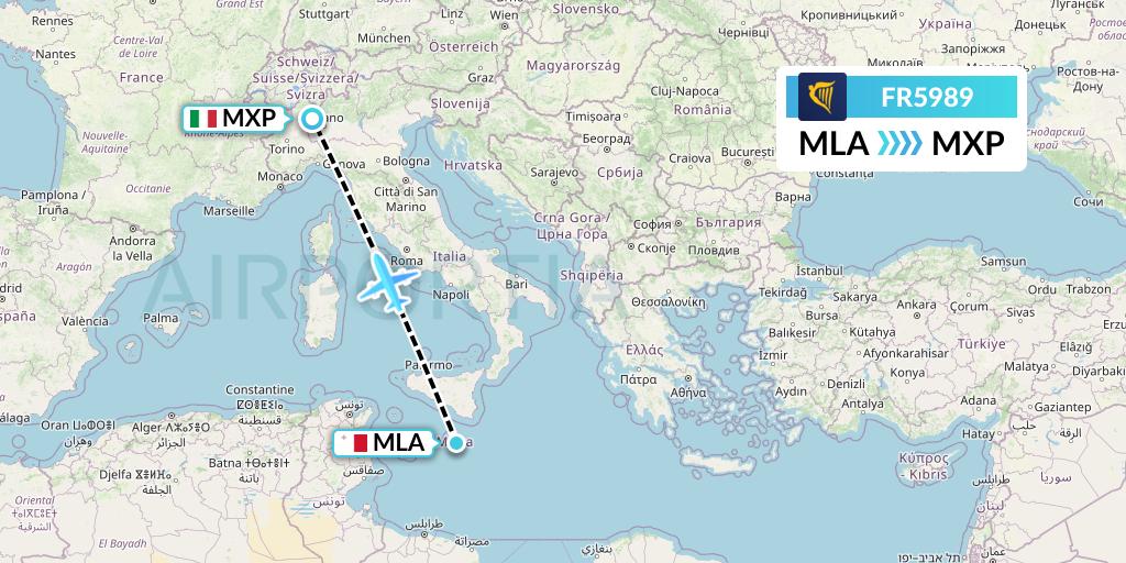 FR5989 Ryanair Flight Map: Malta to Milan