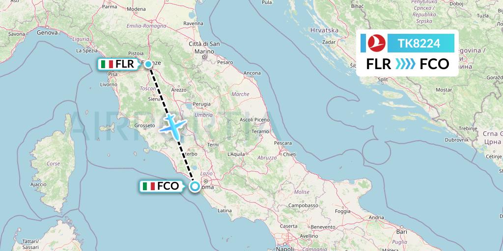 TK8224 Turkish Airlines Flight Map: Florence to Rome