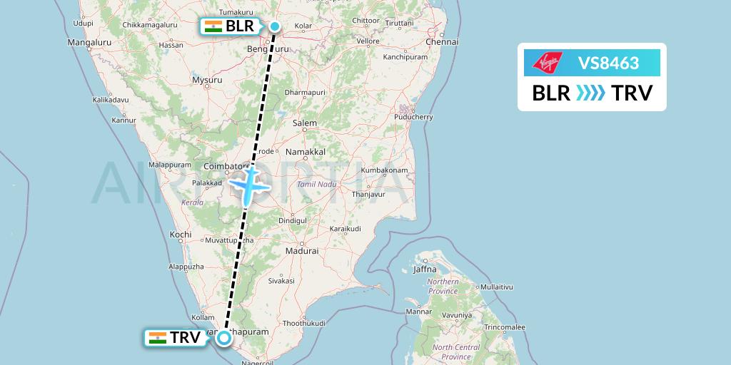 VS8463 Virgin Atlantic Airways Flight Map: Bangalore to Thiruvananthapuram