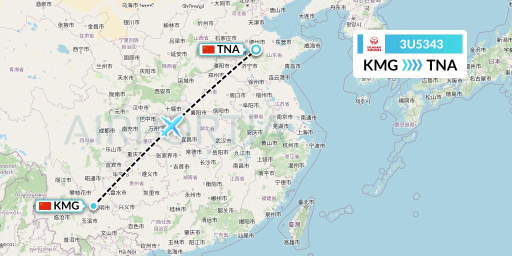 3U5343 Sichuan Airlines Flight Map: Kunming to Jinan