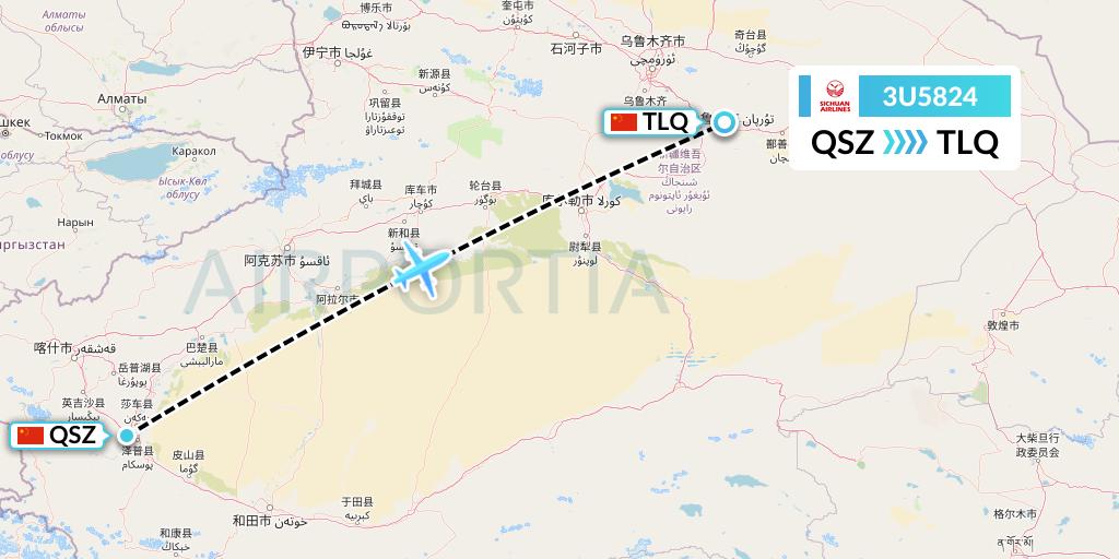 3U5824 Sichuan Airlines Flight Map: Hotan to Turpan