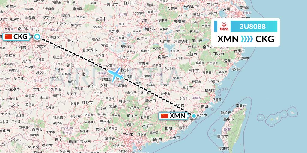 3U8088 Sichuan Airlines Flight Map: Xiamen to Chongqing