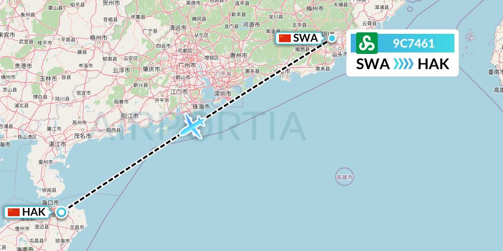 9C7461 Spring Airlines Flight Map: Jieyang to Haikou