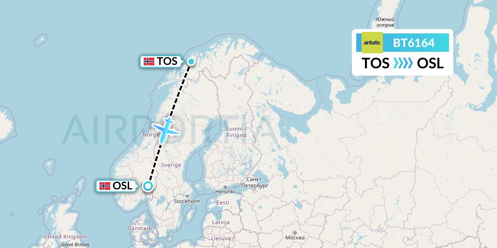 BT6164 Air Baltic Flight Map: Tromso to Oslo