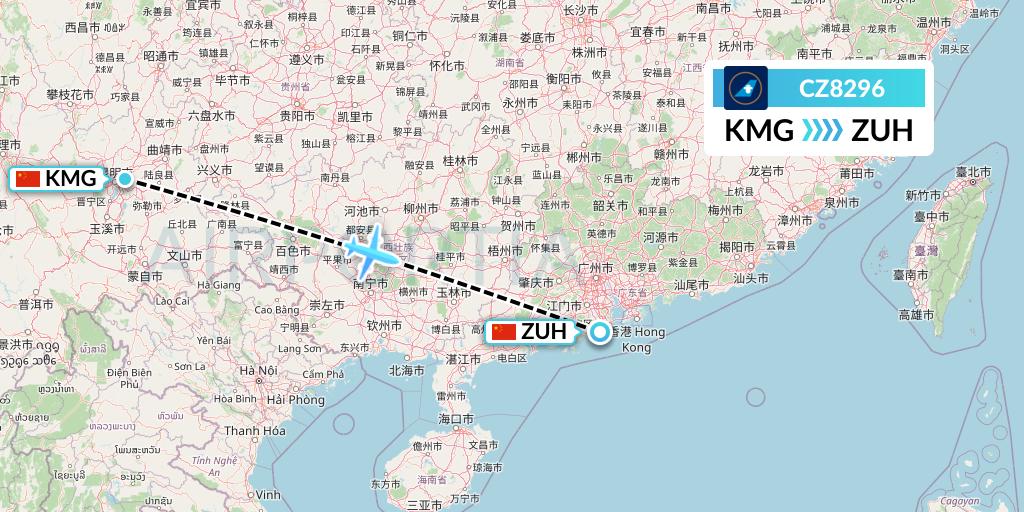 CZ8296 China Southern Airlines Flight Map: Kunming to Zhuhai