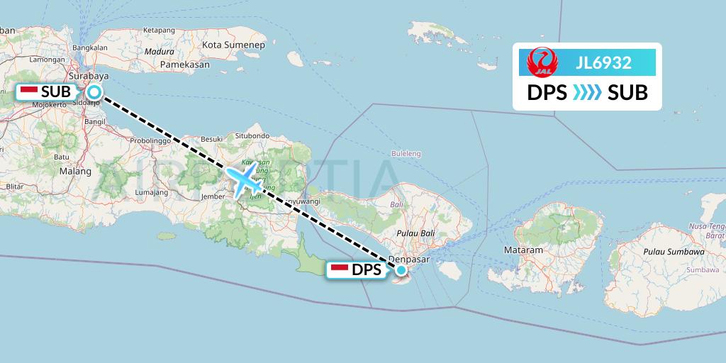 JL6932 Japan Airlines Flight Map: Denpasar to Surabaya