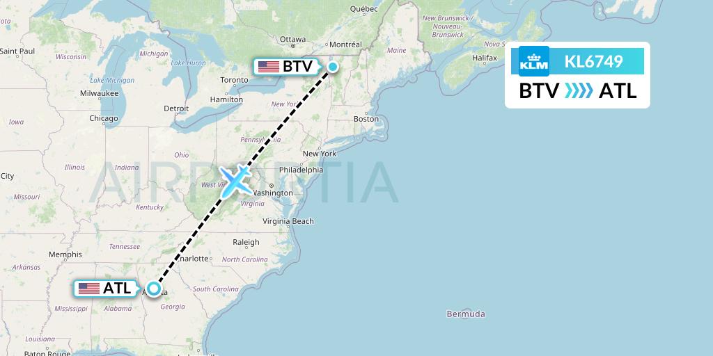 KL6749 KLM Flight Map: Burlington to Atlanta