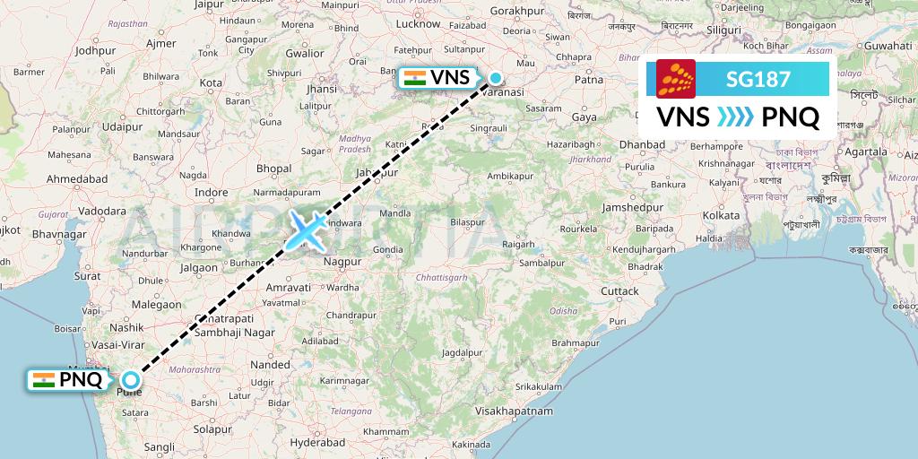 SG187 SpiceJet Flight Map: Varanasi to Pune