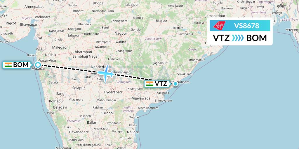 VS8678 Virgin Atlantic Airways Flight Map: Visakhapatnam to Mumbai