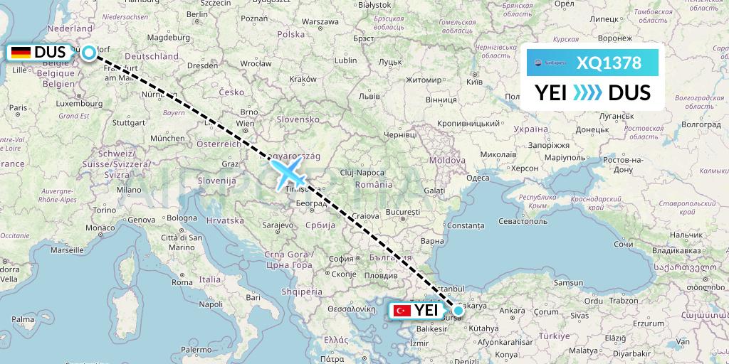 XQ1378 SunExpress Flight Map: Bursa to Dusseldorf