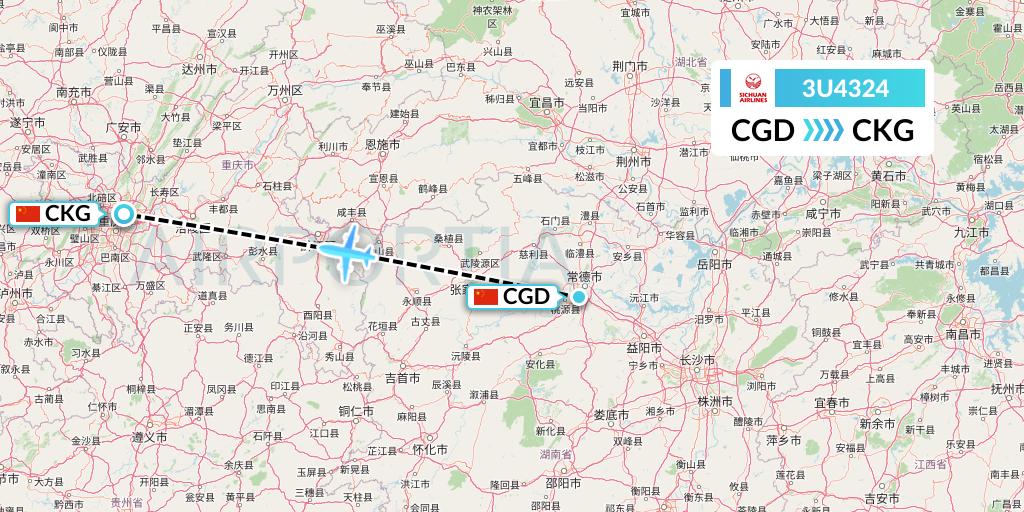 3U4324 Sichuan Airlines Flight Map: Changde to Chongqing