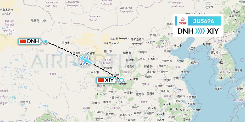 3U5696 Sichuan Airlines Flight Map: Dunhuang to Xi'an