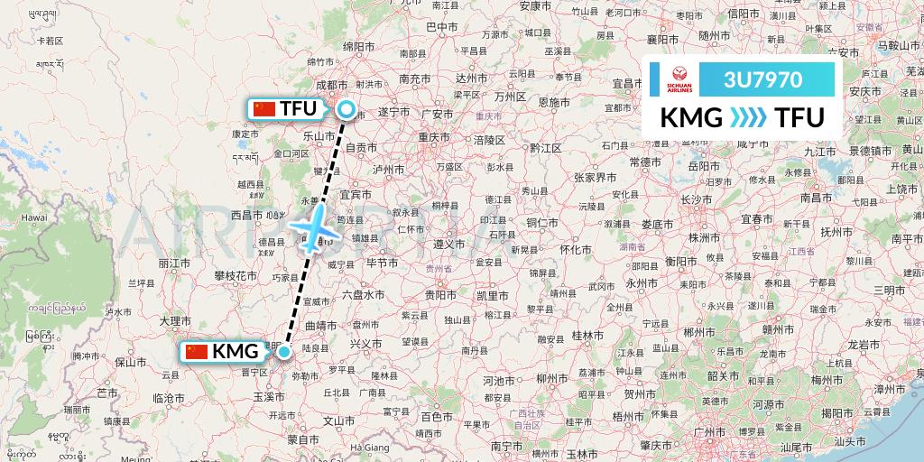 3U7970 Sichuan Airlines Flight Map: Kunming to Chengdu