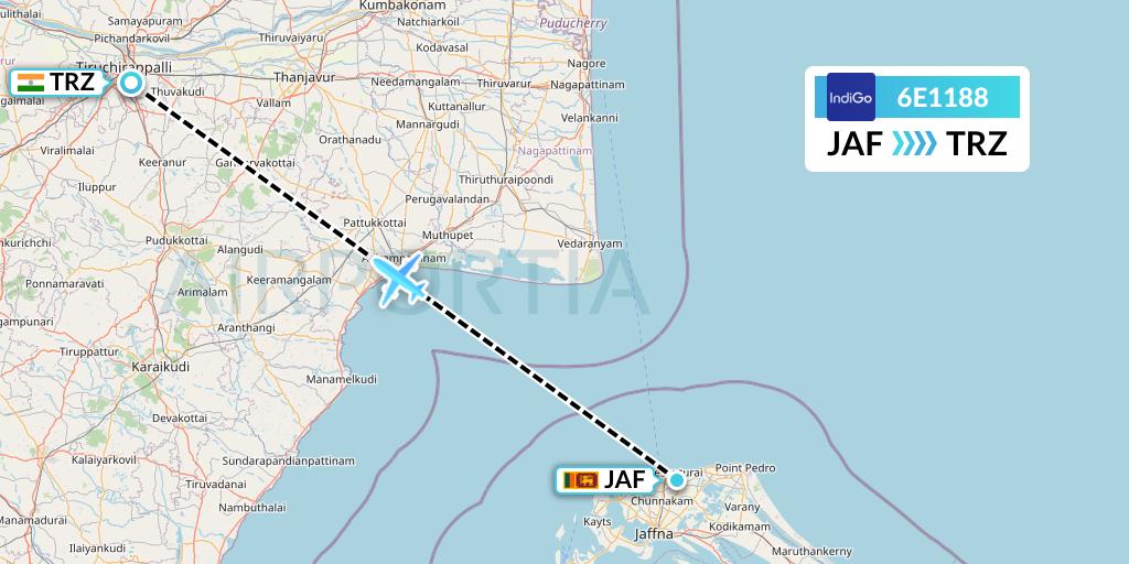6E1188 IndiGo Airlines Flight Map: Jaffna to Tiruchirapalli