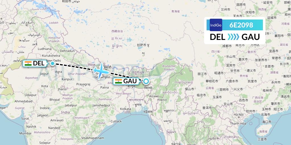 6E2098 IndiGo Airlines Flight Map: Delhi to Guwahati