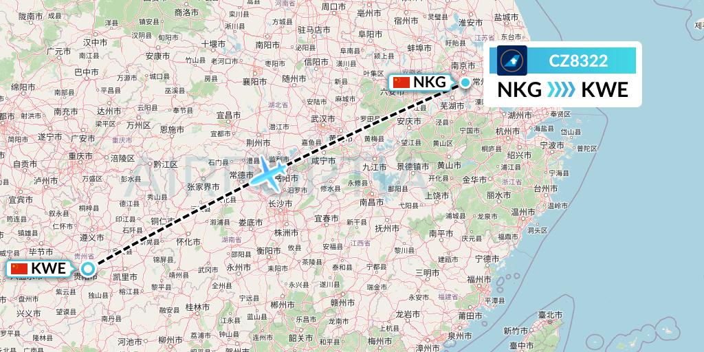 CZ8322 China Southern Airlines Flight Map: Nanjing to Guiyang