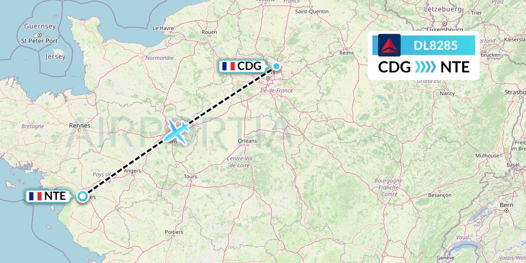 DL8285 Delta Air Lines Flight Map: Paris to Nantes