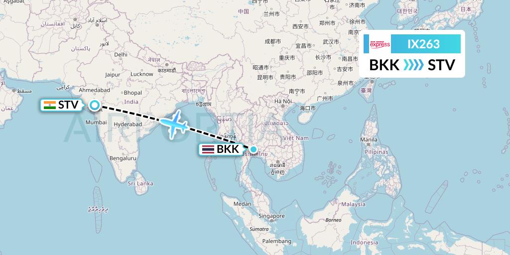 IX263 Air India Express Flight Map: Bangkok to Surat