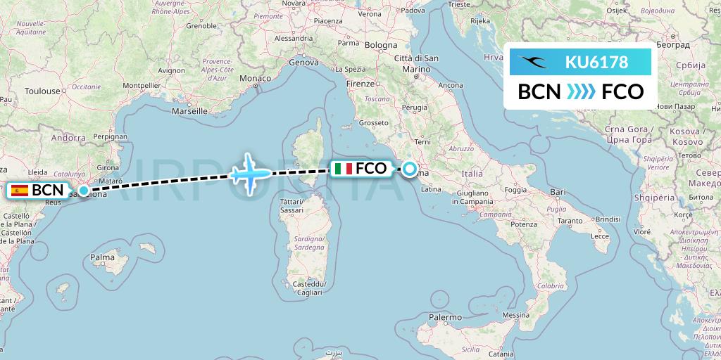 KU6178 Kuwait Airways Flight Map: Barcelona to Rome