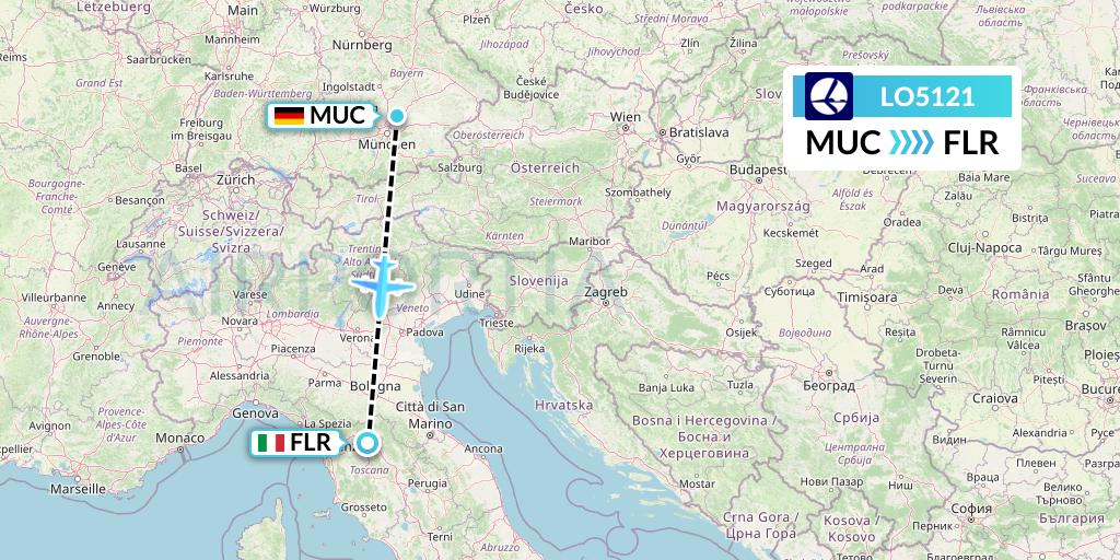 LO5121 LOT Flight Map: Munich to Florence