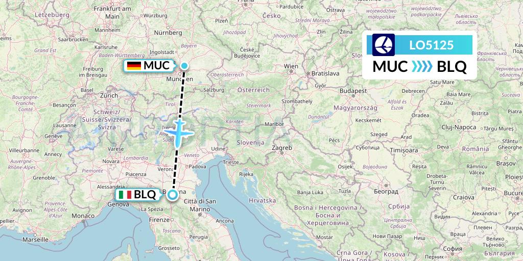 LO5125 LOT Flight Map: Munich to Bologna