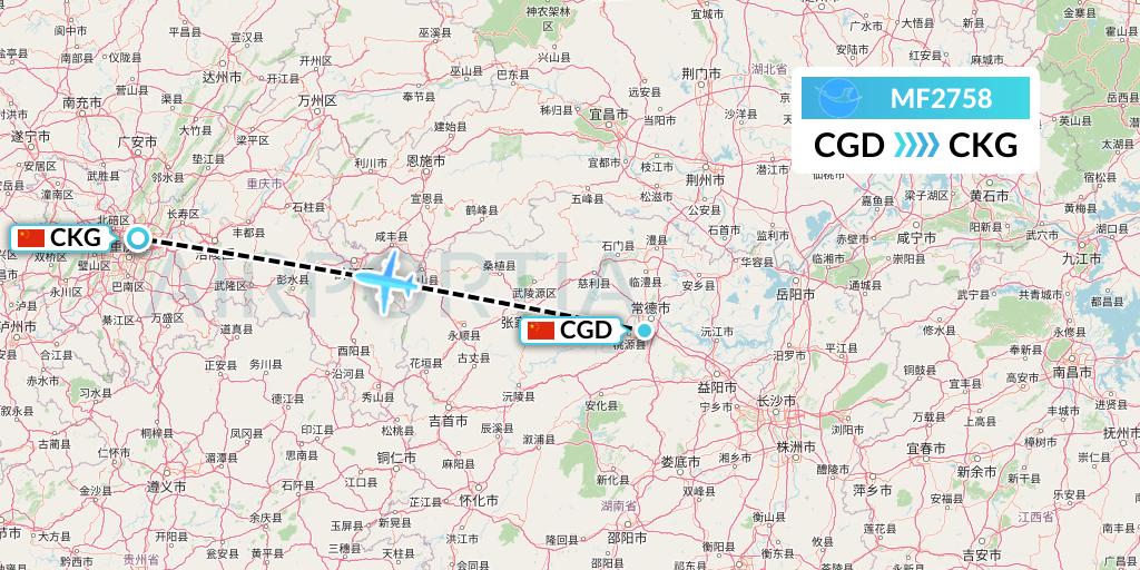 MF2758 Xiamen Airlines Flight Map: Changde to Chongqing
