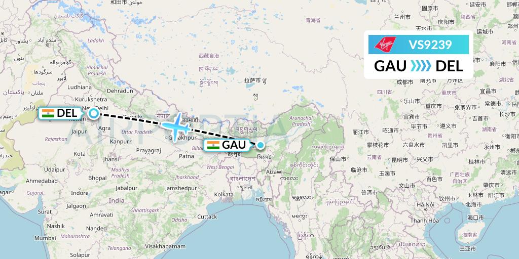 VS9239 Virgin Atlantic Airways Flight Map: Guwahati to Delhi