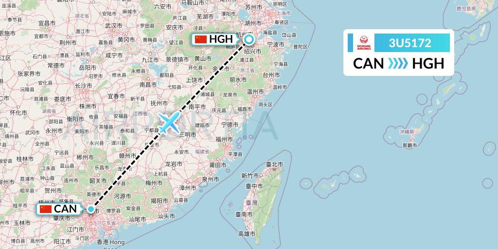 3U5172 Sichuan Airlines Flight Map: Guangzhou to Hangzhou