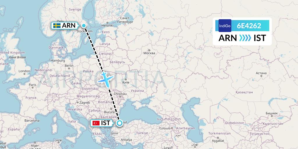 6E4262 IndiGo Airlines Flight Map: Stockholm to Istanbul