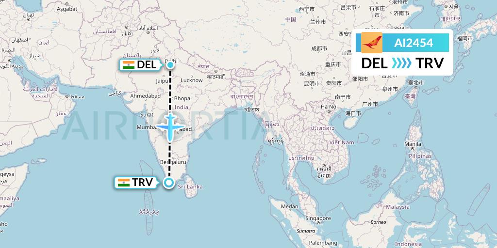AI2454 Air India Flight Map: Delhi to Thiruvananthapuram