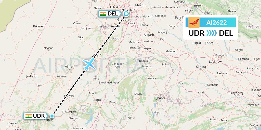 AI2622 Air India Flight Map: Udaipur to Delhi