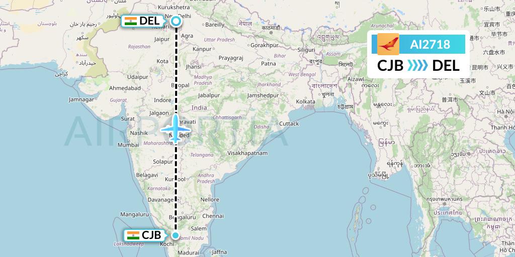 AI2718 Air India Flight Map: Coimbatore to Delhi