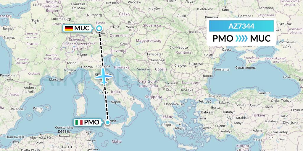 AZ7344 ITA Airways Flight Map: Palermo to Munich