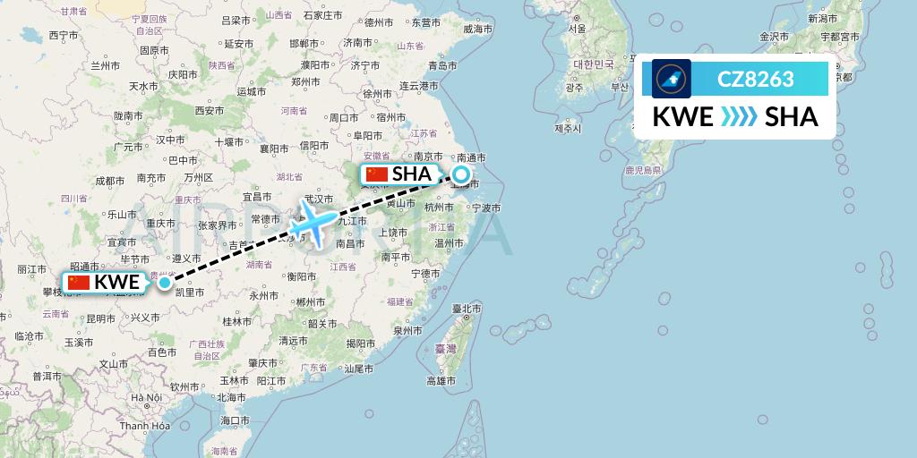 CZ8263 China Southern Airlines Flight Map: Guiyang to Shanghai