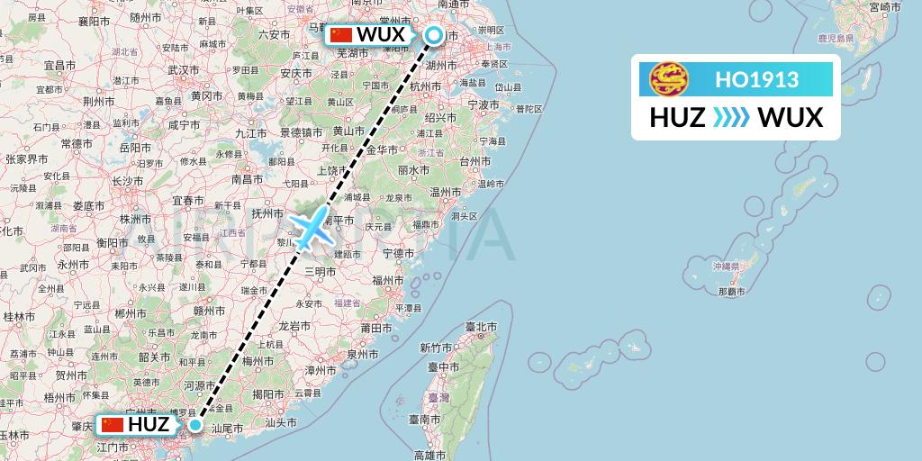 HO1913 Juneyao Airlines Flight Map: Huizhou to Wuxi
