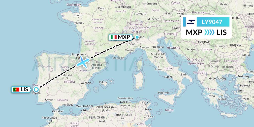 LY9047 El Al Flight Map: Milan to Lisbon