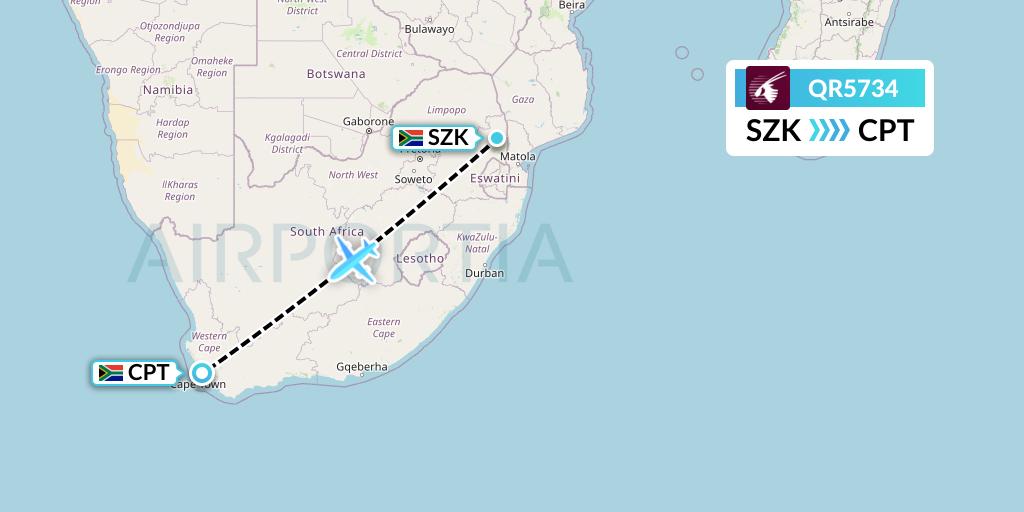 QR5734 Qatar Airways Flight Map: Skukuza to Cape Town