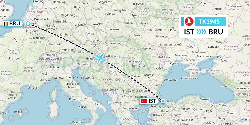 TK1945 Turkish Airlines Flight Map: Istanbul to Brussels