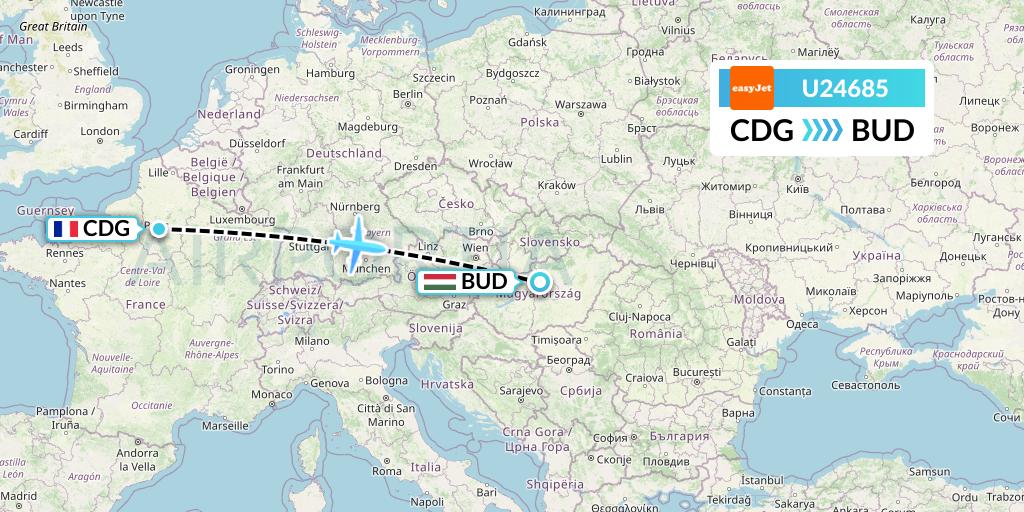 U24685 EasyJet Flight Map: Paris to Budapest