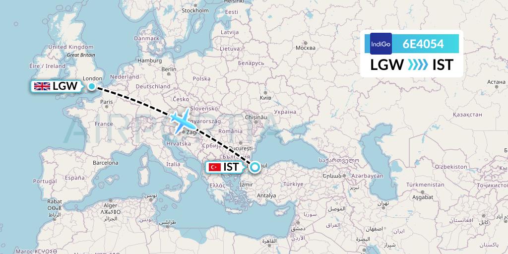 6E4054 IndiGo Airlines Flight Map: London to Istanbul