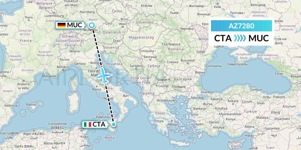 AZ7280 ITA Airways Flight Map: Catania to Munich