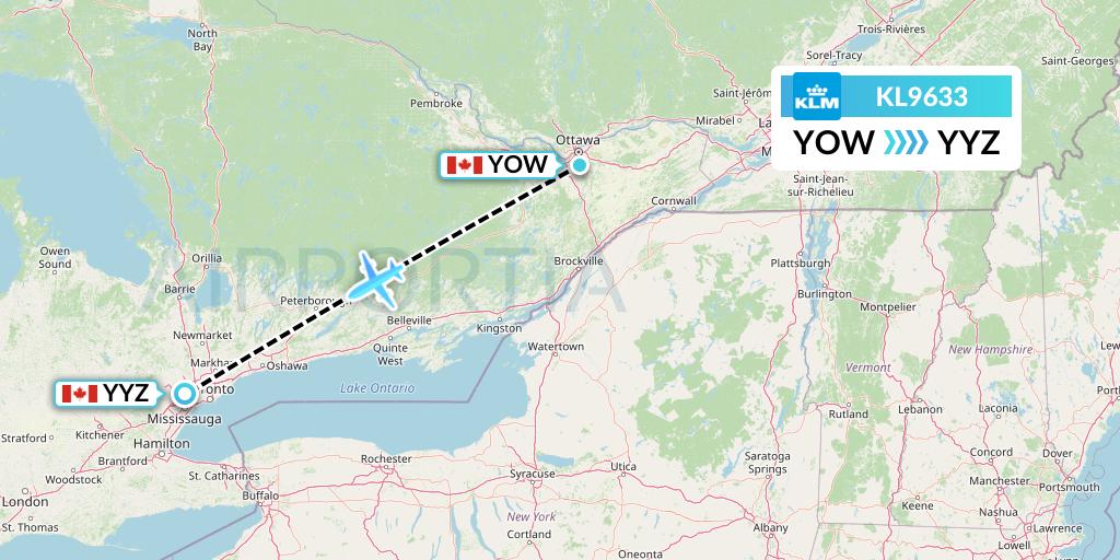 KL9633 KLM Flight Map: Ottawa to Toronto