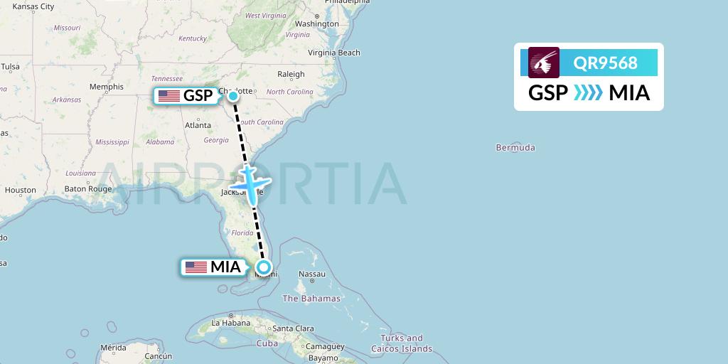 QR9568 Qatar Airways Flight Map: Greenville-Spartanburg to Miami