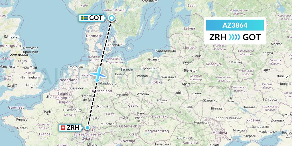 AZ3864 ITA Airways Flight Map: Zurich to Gothenburg
